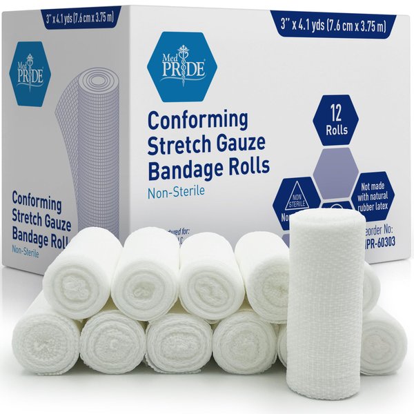 MED PRIDE Conforming Gauze Rolls First Aid Rolled Stretch Bandages for Wounds & Injuries – Disposable Nonsterile Body Wrap Dressing for The Knee, Ankle, Hands, Wrist, White (3''x 4.1 yd)