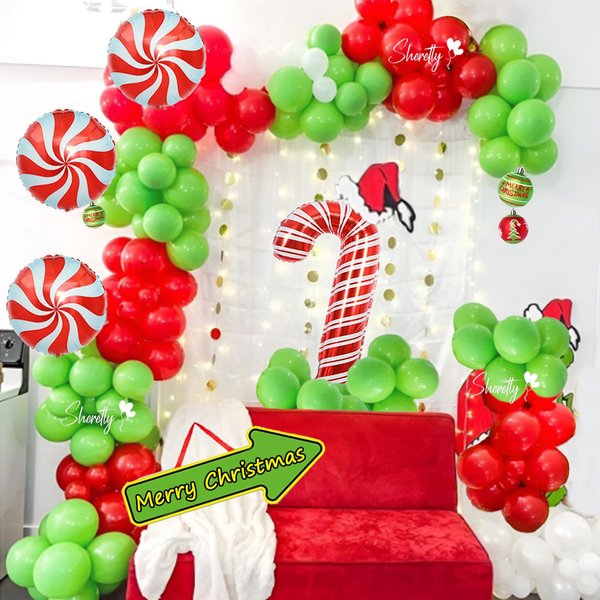 Sheretty Christmas Balloon Arch Kit, 140pcs Green Red Christmas Balloon Foil Candy Cane Balloon for Green Birthday Party Decorations, Xmas Party Decorations Indoor