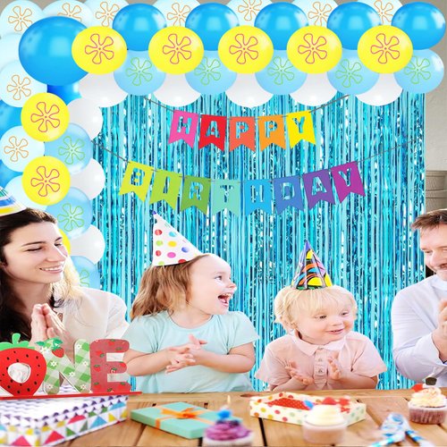 22Pcs Cartoon Baby Birthday Decorations, Aquamarine 3.3x8.2ft Tinsel Foil Fringe Curtains Banner and Cute Flowers Bubbles Balloons for Cute Theme Party Decorations Boys and Girls Party Supplies