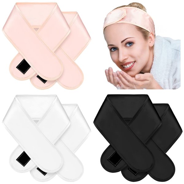 Janinka 6 Pcs Spa Headbands, Makeup Shower Satin Hair Wrap with Tape, Silk Cloth Neck Strips Hair Wraps Adjustable Silk Hair Wraps for Women's Spa Sleeping Nonslip Strips(Pink, Black, White)