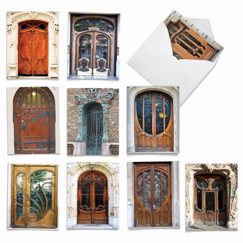 The Best Card Company - 10 Blank Note Cards Boxed (4 x 5.12 Inch) - Architecture, Assorted All Occasion Cards - Art Nouveau Doors M4624OCB-B1x10