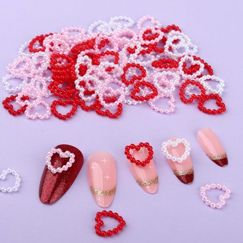 ROFIBUT Heart Pearls Nail Charms Acrylic Pearls 3D Nail Art rhinestones Cute Nail Gems Valentines Nail Art Supplies Red Pink White Hollow Heart Pearls Nail Diamond for Crafts Jewelry Accessories 90Pcs