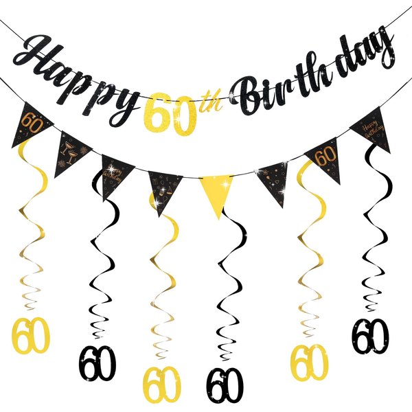 60th Birthday Decorations for Men Happy 60th Birthday Banner Decoration Kit, 60th Birthday Bunting Swirls Streamers, Decorations for Men Triangle Flag Banner for Birthday Party Supplies Black and Gold