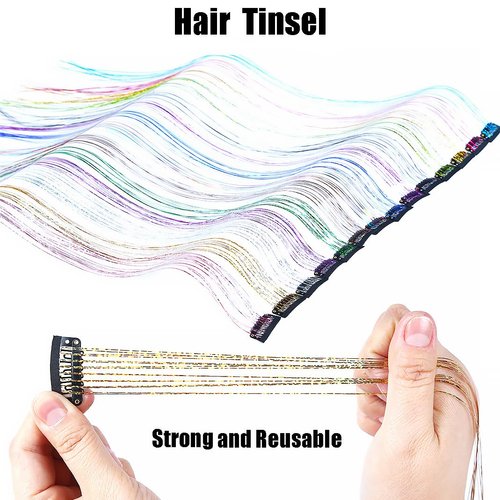 Hair Tinsel Kit 12 Pcs Clip in Hair Tinsel Heat Resistant 20 Inch Fairy Hair Tinsel Kit for Women Glitter Tinsel Hair Extensions for Party(Lake blue)