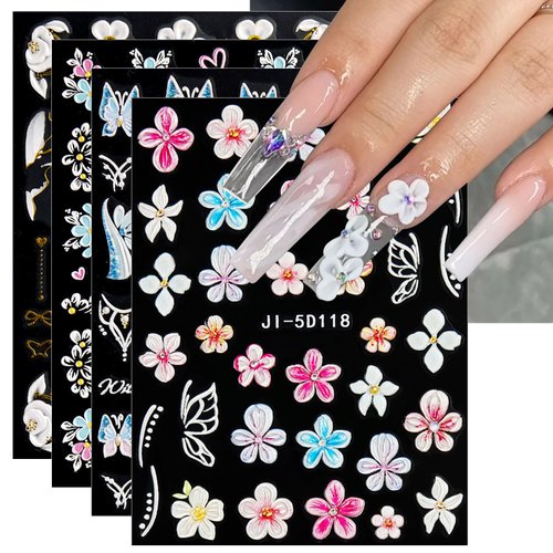 JMEOWIO 3D Embossed Flower Nail Art Stickers Decals Self-Adhesive Pegatinas Uñas 5D Spring Summer Colorful Floral White Line Nail Supplies Nail Art Design Decoration Accessories 4 Sheets