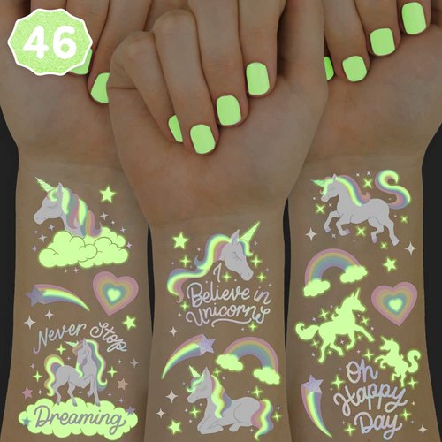 xo, Fetti Rainbow Unicorn Party Favors - Temporary Tattoos for Kids - 46 Glow In The Dark Styles | Birthday Party Supplies, Unicorn Favors Decorations, Toys + Halloween Costume