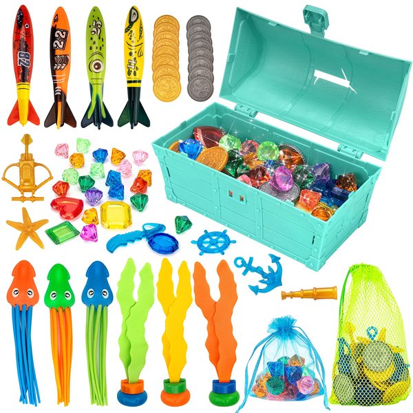 ERHAICAT 58Pcs Pool Toys, Diving Toys, Kids Swimming Pool Toys with Pool Torpedoes, Diving Gems, Pool Treasure Chest, Diamonds, Seaweeds, Pirate Treasures, Octopus, Swim Toys for Kids 3-10 (Blue)