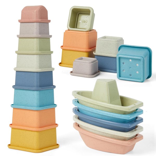 AMCHSURI Stacking Cups Toy Set, Fun Educational Baby Toys, 13-PC Stackable Cups with Number Nesting Cups & Bath Boats Bath Toy for Babies 6-12 Months Stacking Cups for Toddlers 1-3
