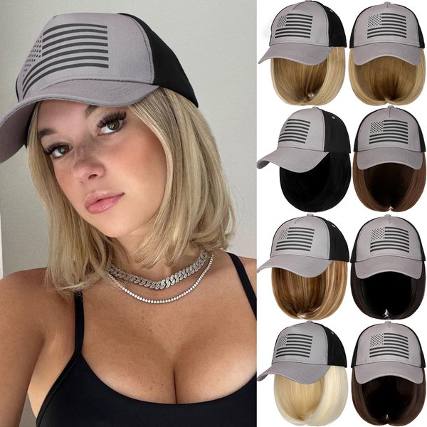 Qlenkay American Flag Hat Wig USA Flag Adjustable Baseball Cap Attached with 14" Hair Extensions Straight Bob Synthetic Hairpiece for Women Light Brown