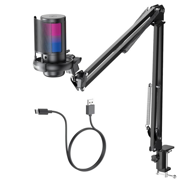COCONISE Gaming PC USB Microphone for PC with Boom Arm, USB PC Mic for Podcasts Videos, Streaming, Condenser Mic with Quick Mute, RGB Indicator,Shock Mount,Rotate gain button, Compatible with PS4/5/PC