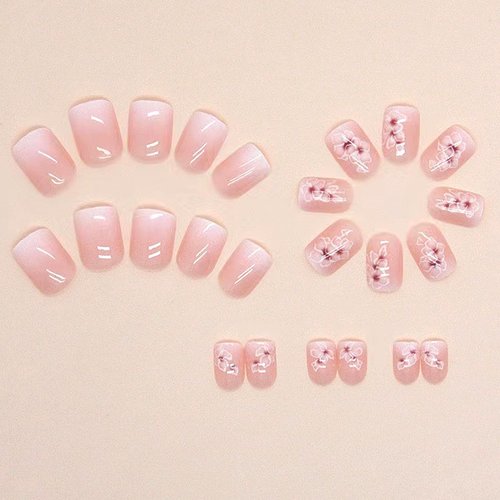 WAFOLOZE Nails Press ons,White Ombre Short Square Press on Nails Fake/False Nails with Flower Press ons Designs Gloss Acrylic Artificial Nails Stick on Nails for Women 24Pcs