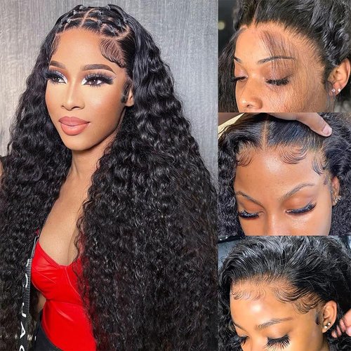 250% Density 13x6 HD Transparent Deep Wave Lace Front Wigs Human Hair for Women Glueless Deep Curly Lace Frontal Wigs Brazilian Virgin Human Hair Wigs Pre Plucked with Baby Hair (Natural Color,26Inch)