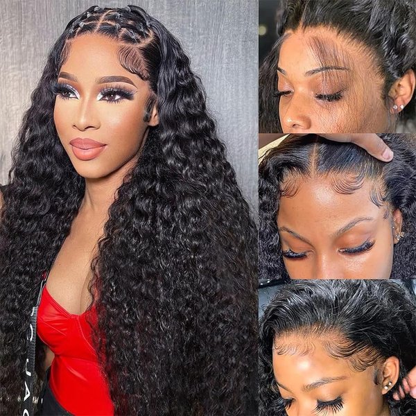 250% Density 13x6 HD Transparent Deep Wave Lace Front Wigs Human Hair for Women Glueless Deep Curly Lace Frontal Wigs Brazilian Virgin Human Hair Wigs Pre Plucked with Baby Hair (Natural Color,26Inch)
