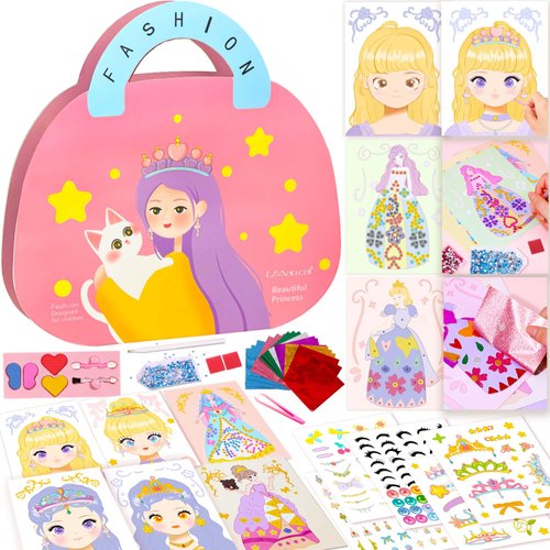 iGetooy 4-in-1 Dress Up Game Set Princess Fantasy Makeup, Pretty Pretty Princess Game, Girls Toy Kit with Diamond Painting & Princess Dress Up Set, DIY Paper Makeup Arts and Crafts for Kids 4-6