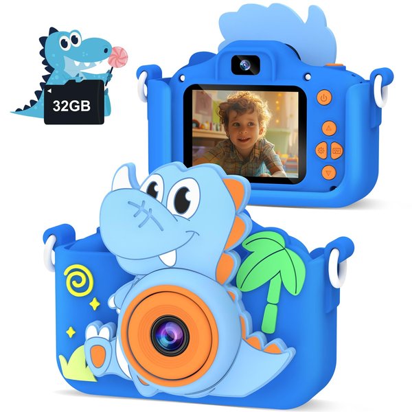 Kids Camera for Boys, Jexylon Toddler Selfie Camera for 3-12 Years, Withe Cutec Case, Christmas Birthday Gift for Boys, Dinosaur Toys for 3 4 5 6 7 8 9 Years Old, Blue01