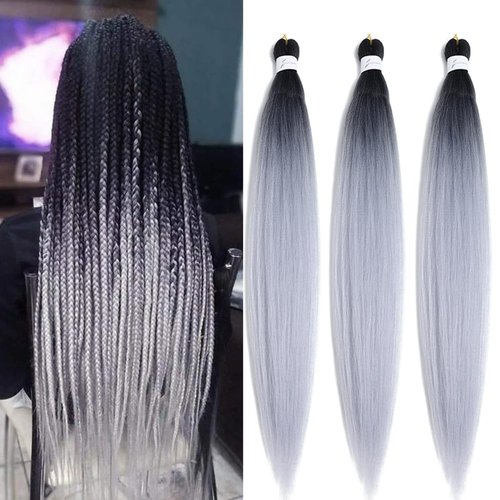 Pre Stretched Braiding Hair 26 Inch Ombre Red Kanekalon Braiding Hair Extensions Hot Water Setting Crochet Box Braids Hair (26 Inch (Pack of 3), Black-Silver Grey)