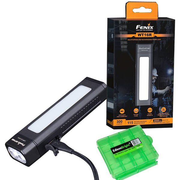 Fenix WT16R 300 Lumen rechargeable magnetic base Handheld flashlight/worklight with battery and EdisonBright charging cable carrying case