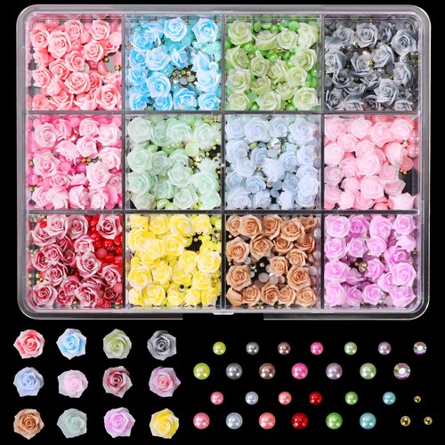 COOSLIM Mixed 3D Rose Flower Nail Charms for Acrylic Nails with Pearls and Gems,12 Colors Rose Flower and Rhinestone for Nail Art Design Accessories Decorations B