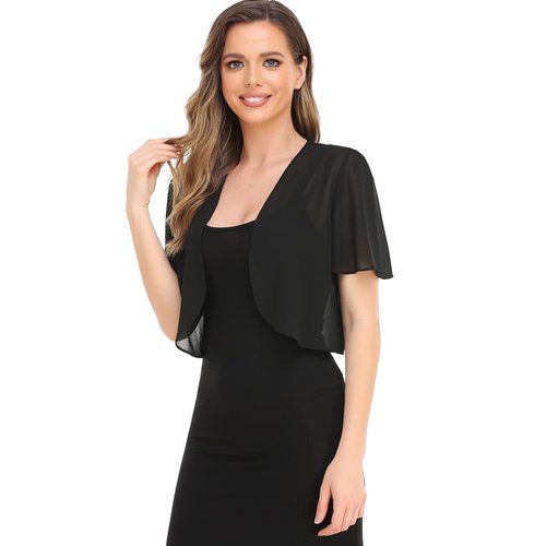 Women Black Bolero Shrug Soft Chiffon Open Front Sheer Short Sleeve Cropped Cardigans for Evening Dress(Black,M)