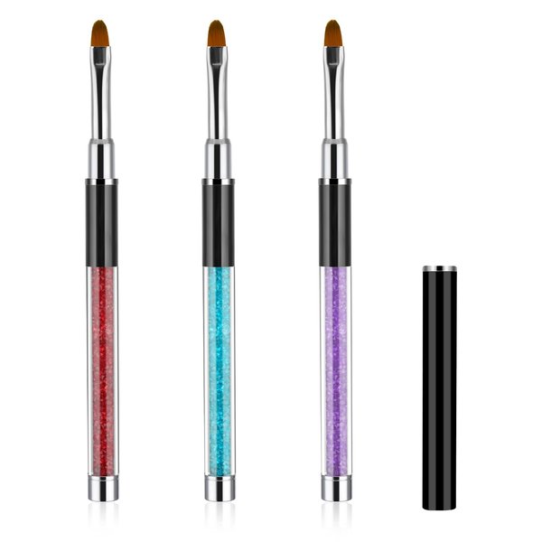 3Pcs Oval UV Gel Nail Brush Set Rhinestone Handle Nail Art Design Brushes Nail Drawing Pen Gel Brushes Professional Nail Art Tools for Nails, Size 6/8/10
