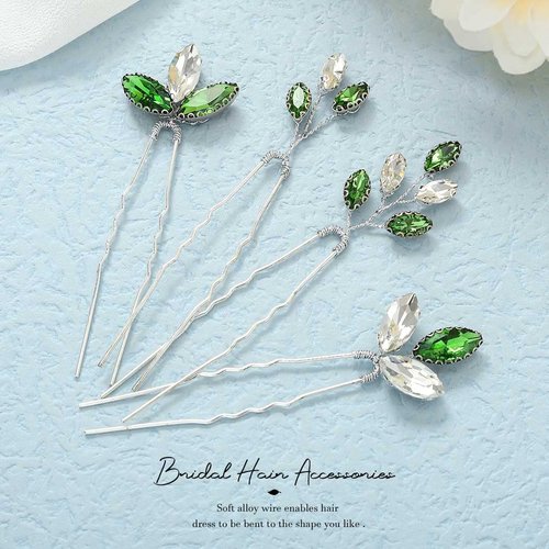 Casdre Green Rhinestone Bridal Hair Pins Silver Bride Wedding Hair Pieces Small Hair Clips Crystal Hair Accessories for Women and Girls (Pack of 4)