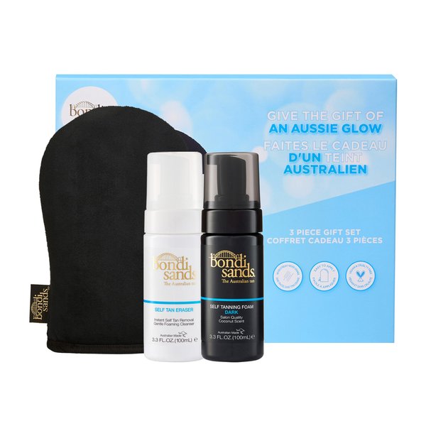 Bondi Sands 3 Piece Travel Essentials Bundle | Mini Self Tan Kit | Includes Dark Self Tanning Foam 100ml, Self Tan Eraser 100ml & Application Mitt