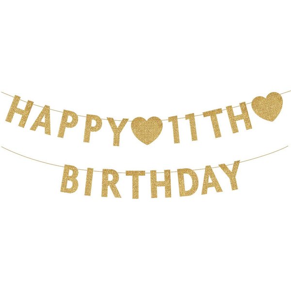 Gold Happy 11th Birthday Banner, Glitter 11 Years Old Boy or Girl Party Decorations, Supplies