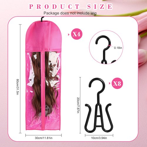 4 PCS Wig Holder Wig Storage Bags Wig Hanger Extra Long Hair Extension Holder Wig Storage for Multiple Wigs(31.5 Inch、Rose Red)