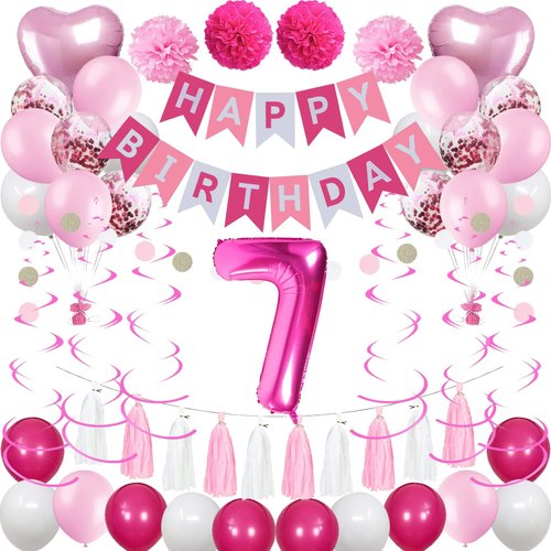 Sweet 7th Birthday Decorations for Girls, Pink and White 7 Happy Birthday Balloons，7th Birthday Party Supplies for Daughter Her Kids Including Pink Happy Birthday Banner, Hot Pink Number 7 Foil