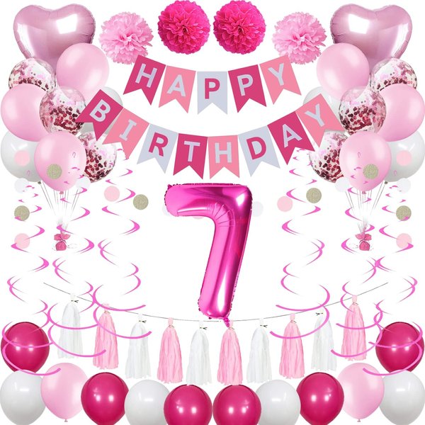 Sweet 7th Birthday Decorations for Girls, Pink and White 7 Happy Birthday Balloons，7th Birthday Party Supplies for Daughter Her Kids Including Pink Happy Birthday Banner, Hot Pink Number 7 Foil
