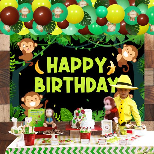 Monkey Birthday Party Decorations - Jungle Safari Balloon Garland Arch Kit with Happy Birthday Backdrop, Monkey Banana Foil Balloons, Artificial Tropical Palm Leaves for Baby Birthday Party Supplies