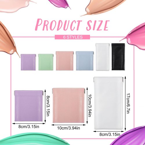 WSICSE 6 Pcs Lambskin Pocket Cosmetic Bag Squeeze Top, 3 Size Portable No Zipper Self-Closing Pouches for Purse Mini Bag Purse Small Makeup Pouch for Purse Cosmetics Headphones Jewelry