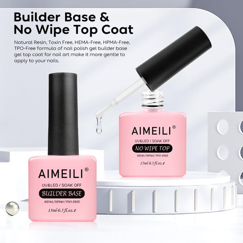 AIMEILI Soak Off Hema-Free Gel Nail Polish Builder Base and No Wipe Top Set - 2 x 15ml