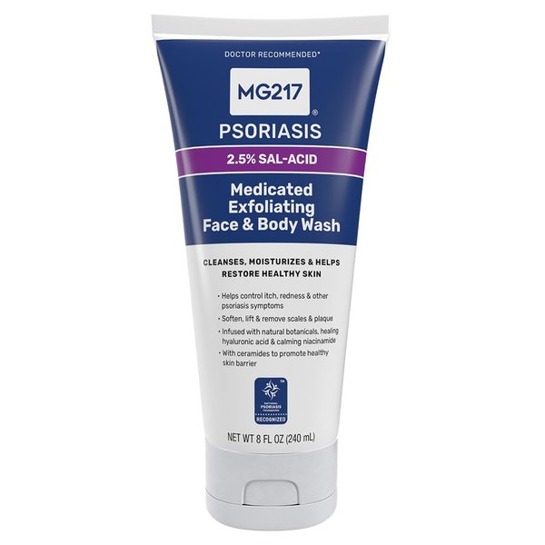 MG217 Medicated Exfoliating Face and Body Wash for Psoriasis Symptoms, Salicylic Acid, Hyaluronic Acid, Niacinamide, Ceramides, 8 floz