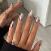 MISUD Press on Nails Medium Square Fake Nails Silver Chrome Glue on Nails Glossy Acrylic Nails Squoval Artificial Nails Bling Metallic Mirror Stick on False Nails with Design 24 pcs