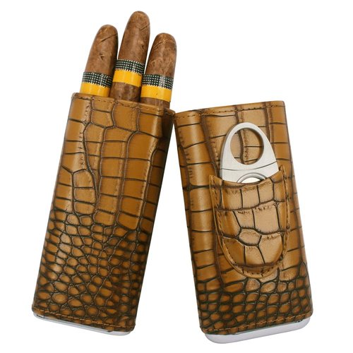 AMANCY Classical Brown Crocodile Pattern Leather Cigar Holder Case with 2 Triple Jet Cigar Lighter and Cutter,Great Cigar Gift Kit for Men
