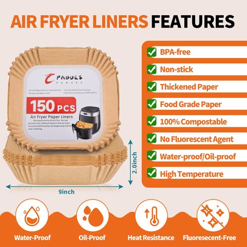 PABUES Air Fryer Paper Liners 7.9inch, 150PCS Non-Stick Parchment Paper,Oil Resistant,Disposable Food Grade Free of Bleach Paper Square for 5-8 QT Air Fryer Baking Roasting Microwave