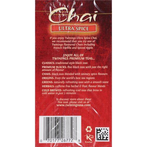 Twinings Ultra Spice Chai Tea Bags - Individually Wrapped, Black Tea with Cinnamon, Ginger, Cardamon & Clove, 20 Count (Pack of 3)