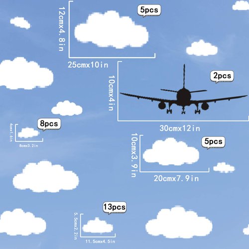 31pc Cloud Wall Stickers and 2pc Black Airplanes Decor Wall Decals for Nursery Kids Room Decor, CUNYA Vinyl Removable Clouds Wall Art Stickers Home Decoration (Mix Size 4-10 inch)