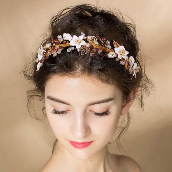 Campsis Wedding Headband Gold Bride Head Band Flower Bridal Headband Wedding Crystal Hair Accessories for Prom Party