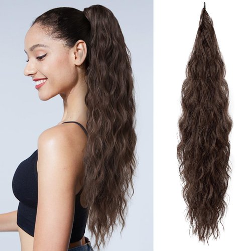 FLUFYMOOZ Ponytail Extension, Flexible Wrap Around Ponytail Extension Long Wavy Curly Ponytail Hair Extensions Natural pony tail Synthetic Hairpiece for Women 26 Inch (Dark Chocolate Brown)