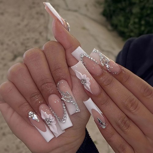 MISUD 24pcs Long Square Press-on Nails, Acrylic False Nails with White French Tip, 3D Flower, Glossy Glue on Nails, Buterfly Rhinestone Artificial Nails for Personal Use, Nail Art