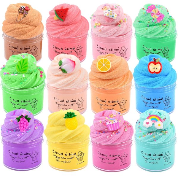 12 Pack Cloud Christmas Slime Kit, with Rainbow Cake Watermelon Grapes Slimes Charms, Fluffy Slime for Girls and Boys, Stress Relief Toy for Kids Education, Party Favor, Gift and Birthday