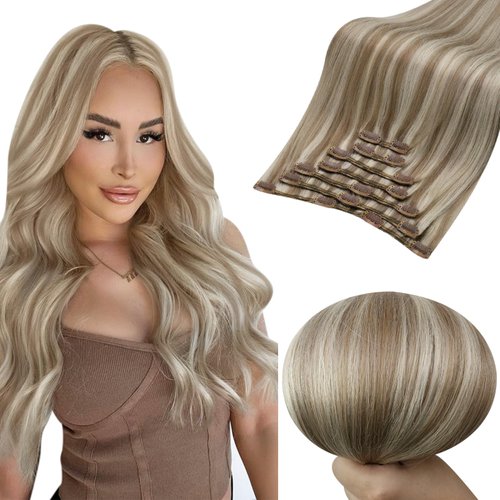 Full Shine Clip in Hair Extensions Real Human Hair Blonde Hair Extensions Clip ins Highlighted Light Brown with Platinum Blonde 18inch 7pcs 120 Grams Remy Hair Extensions Double Weft Straight