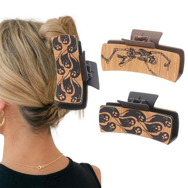 2Pcs Western Halloween Hair Claw, 4" PU Leather Hair Claw for Women, Pattern Hair Appreciation Gift Claw for Thin Thick Big Hair Styling Accessories (Black&Brown-Skeleton&Ghost)