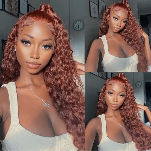 Siyun Show Reddish Brown Deep Wave Lace Front Wigs Human Hair 180% Density Glueless Wigs Human Hair Pre Plucked Brazilian Auburn Red Deep Wave Curly Colored Human Hair Wig for Black Women