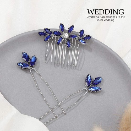 Yean Baroque Bridal Hair Pins Silver Rhinestones Wedding Hair Comb Something Blue Hair Piece for Women and Girls(3 Pcs) (Silver)
