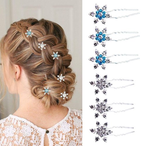 6 Pcs Christmas Hair Clips for Women and Girls 67mm Crystals Bobby Pins Snowflake Rhinestone Bridal U-Shape Hair Clips (Silver,Blue)