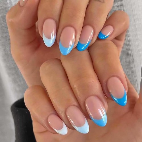 RikView French Tip Nails Almond Press on Nails Medium Fake Nails Blue Nails Glossy Stick on Nails for Women 24 PCS