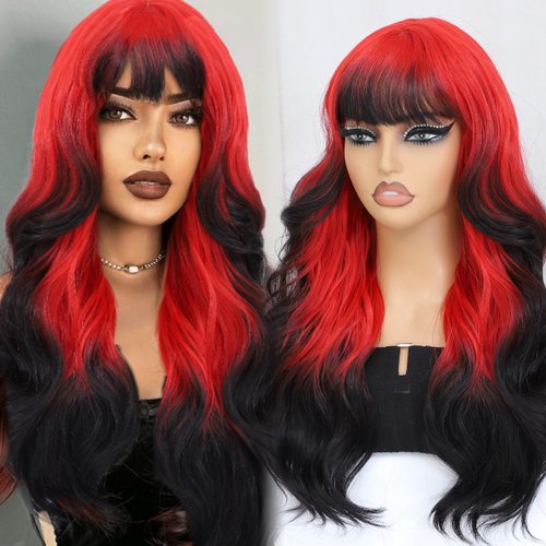 JulyQueen Ombre Red Wigs with Bangs Long Wavy Ombre Wigs for Women 26inch Synthetic Wig with Bangs Layered Wigs for Women Ombre Synthetic Wigs for Daily Party Use (Red)